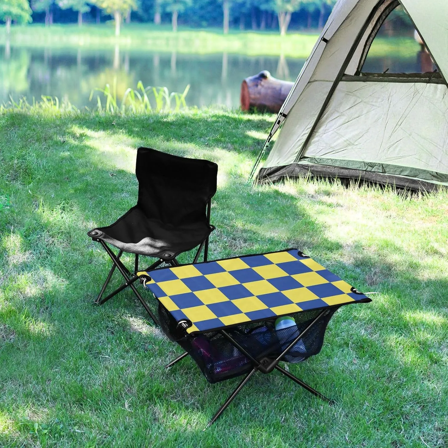 DOMIKING Checkerboard Yellow Blue Plaid Portable Camping Table Folding Picnic Tables with Carrying Storage Bag Camp Tables for Camp Travel Beach 23.6 * 15.6 * 15 in