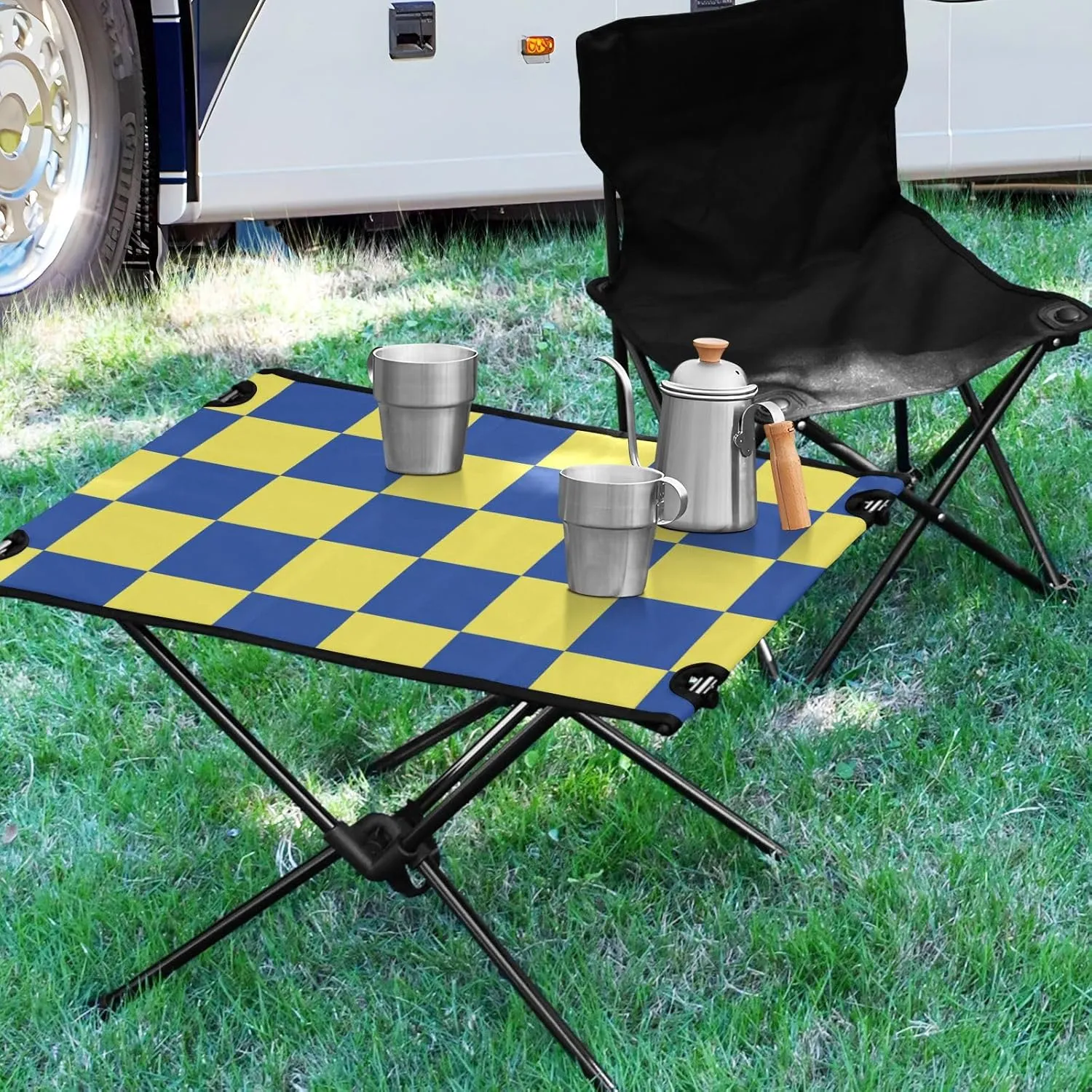 DOMIKING Checkerboard Yellow Blue Plaid Portable Camping Table Folding Picnic Tables with Carrying Storage Bag Camp Tables for Camp Travel Beach 23.6 * 15.6 * 15 in