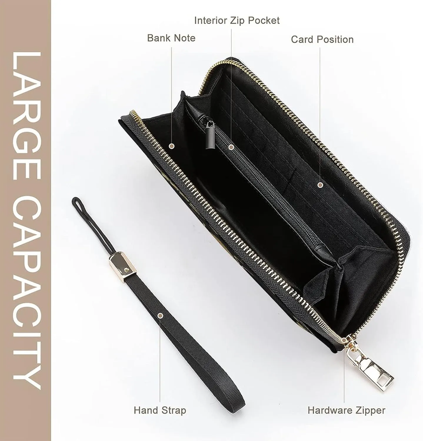 Donnapink Long Clutch Wallet, Long Handbag with Wristlet Strap, PU Leather Zip Purse