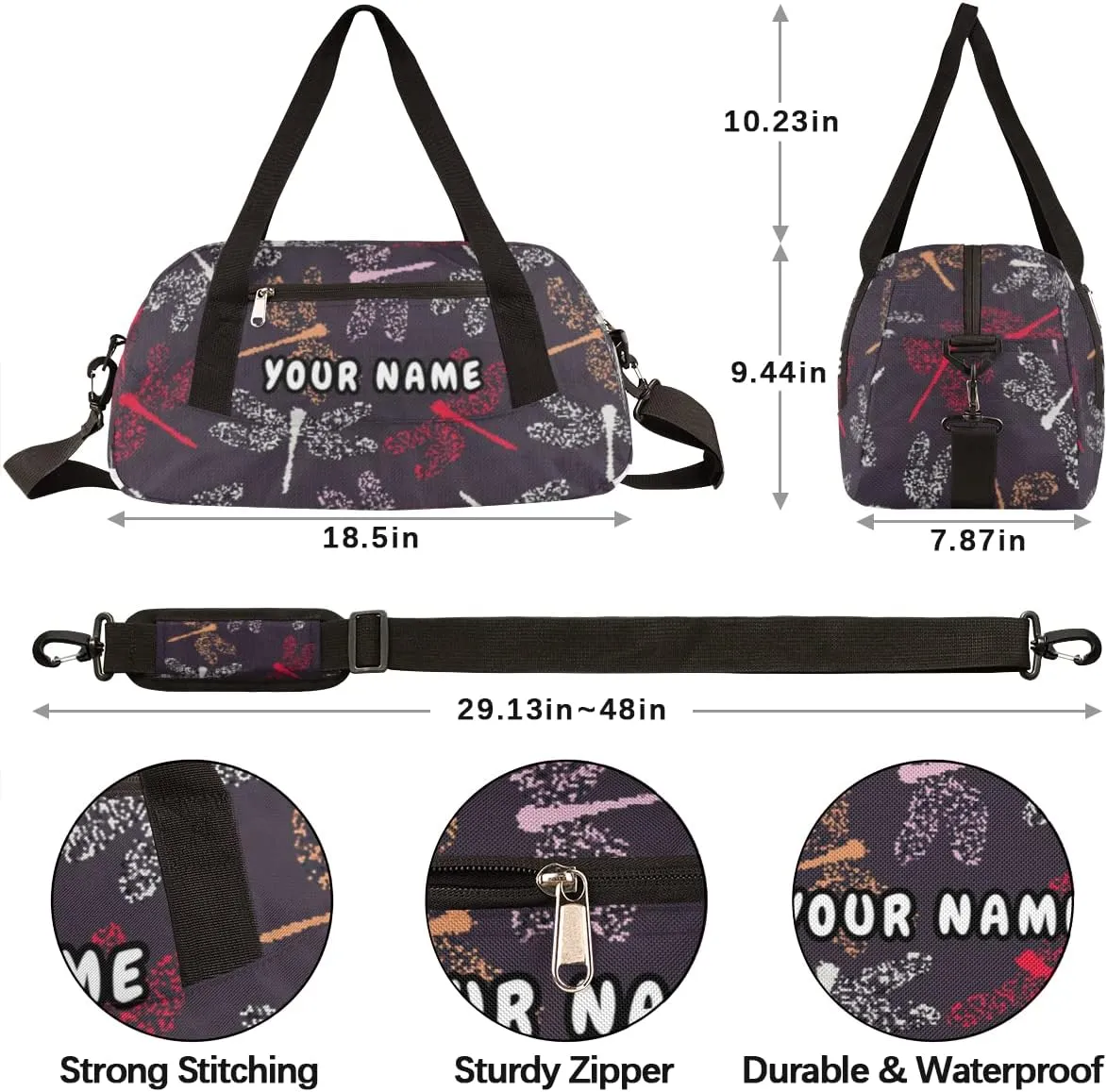 Dragonflies Personalized Kids Duffel Bag for Girls Boys, Dragonfly Debris Custom Dance Bag Overnight Small Duffel Bag Carry On Weekend Sports Travel Bag for School Practice Gymnastics Ballet