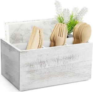 DRASTAR Silverware Caddy, Wooden Utensil Holder, Picnic Cutlery Holder,Retro White Silverware Holder, Plastic Silverware Caddy for Party, Countertop, Camping