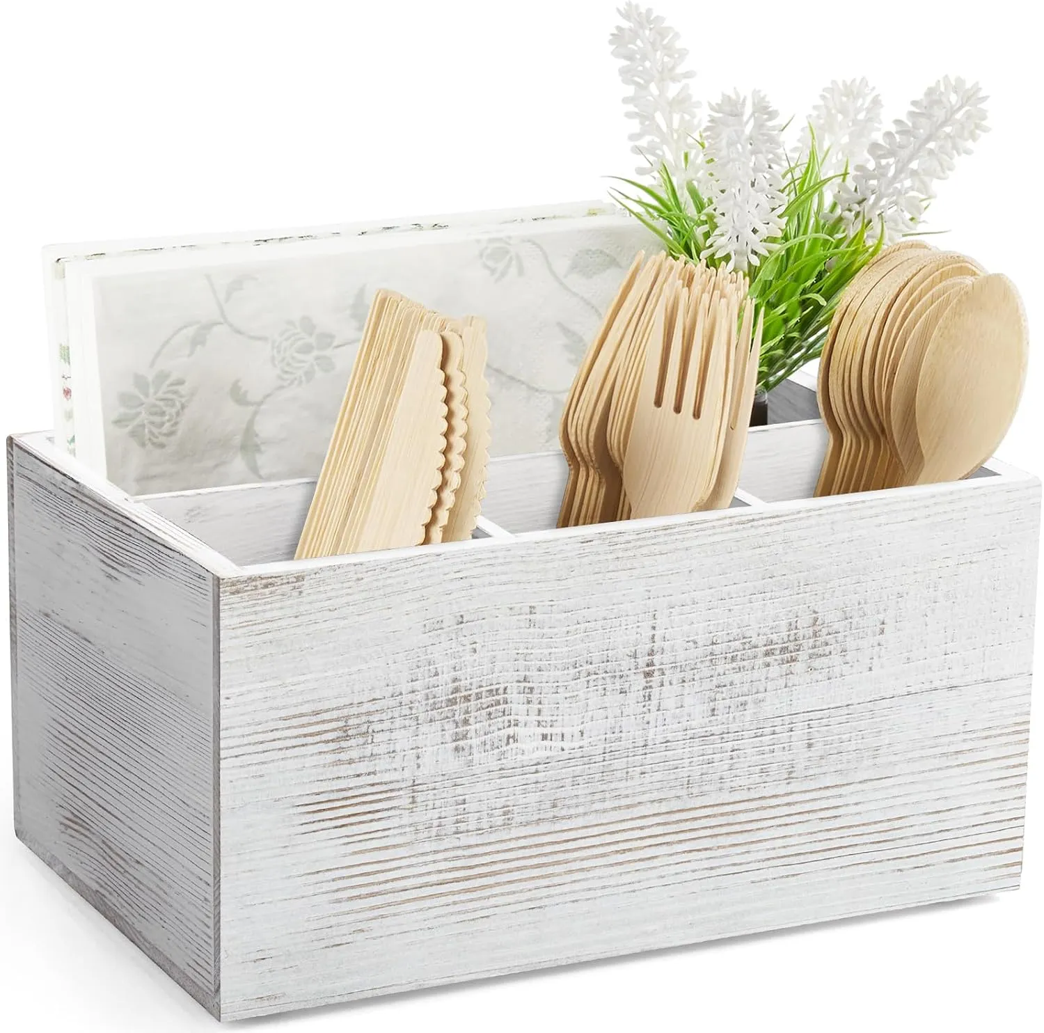 DRASTAR Silverware Caddy, Wooden Utensil Holder, Picnic Cutlery Holder,Retro White Silverware Holder, Plastic Silverware Caddy for Party, Countertop, Camping