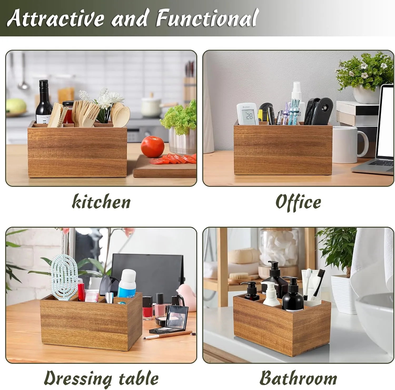 DRASTAR Utensil Caddy, Silverware Caddy for Party, Acacia Wood Silverware Holder, Silverware Organizer Countertop, Cutlery Storage Containers for Kitchen Table