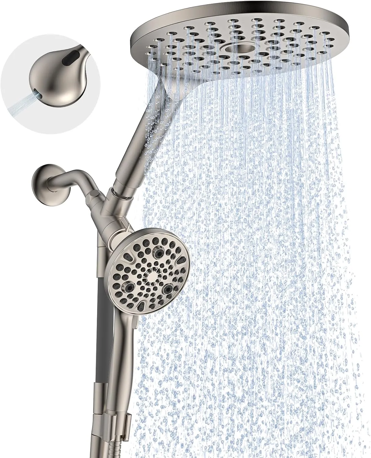 Dual Handheld Shower Head Combo, 2-in-1 Rain Shower Heads System 8 Inch Rainfall Shower Head and 10 Modes High Pressure Hand Held Showerhead with Built-in Power Wash