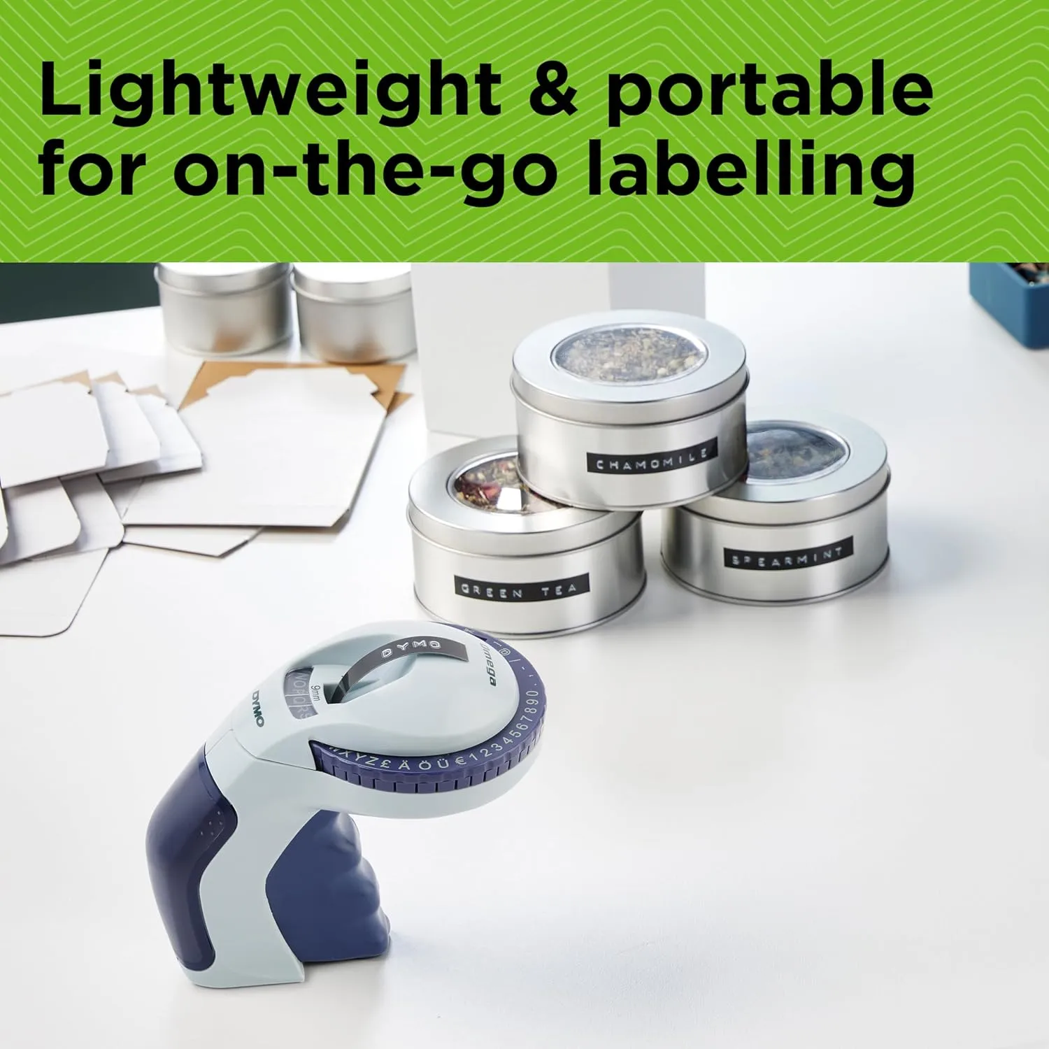 Dymo Embossing Label Maker with 3 Label Tapes | Omega Label Maker Starter Kit | Small, Ergonomic Design with Turn Click Wheel | for Home, DIY & Crafting (£/€, Ä, Ö & Ü)