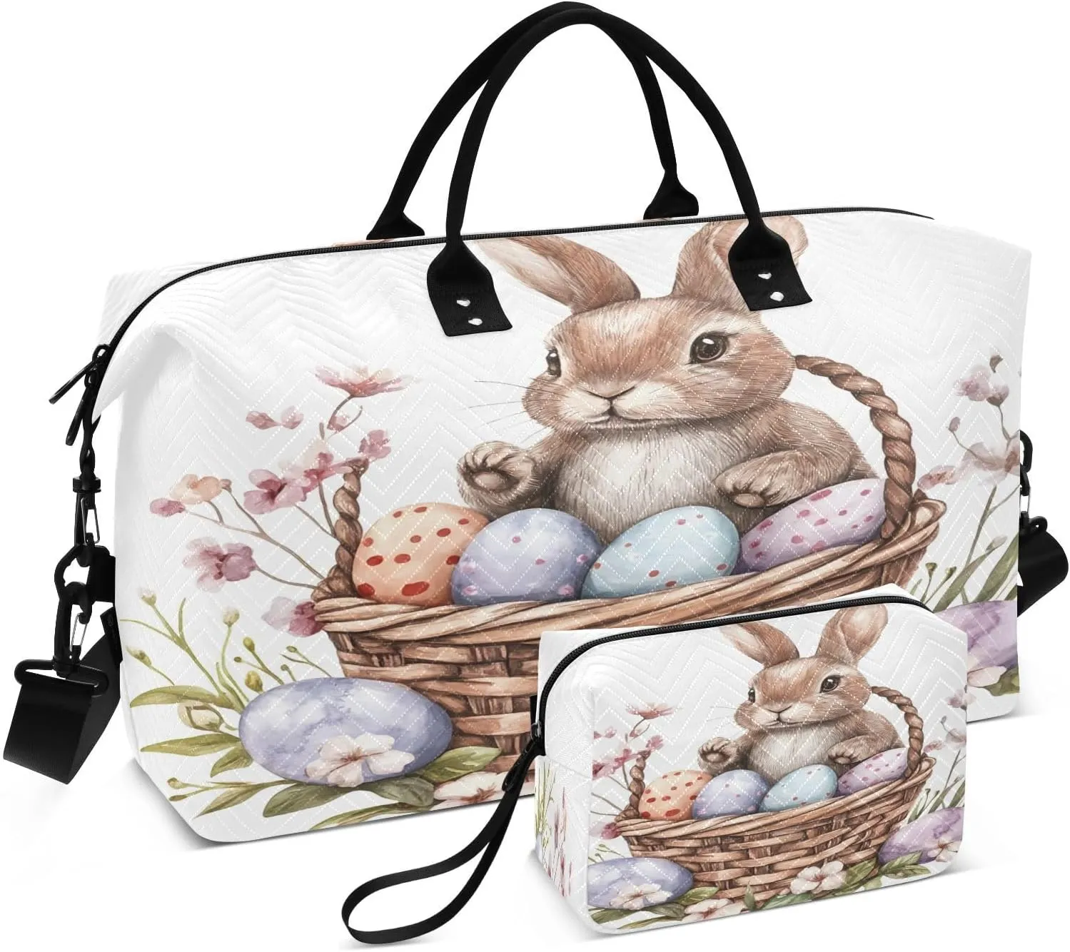 Easter Cute Rabbit and Egg Travel Duffel Bags 2PCS,Sports Duffel Bags for Men Women,Weekender Overnight Bag Gym Tote Bag with Toiletry Bag