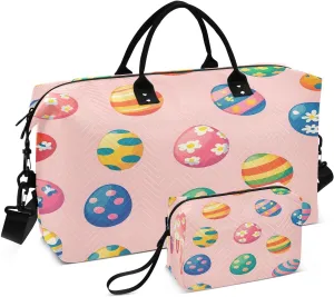 Easter Eggs Travel Duffel Bags 2PCS,Sports Duffel Bags for Men Women,Weekender Overnight Bag Gym Tote Bag with Toiletry Bag