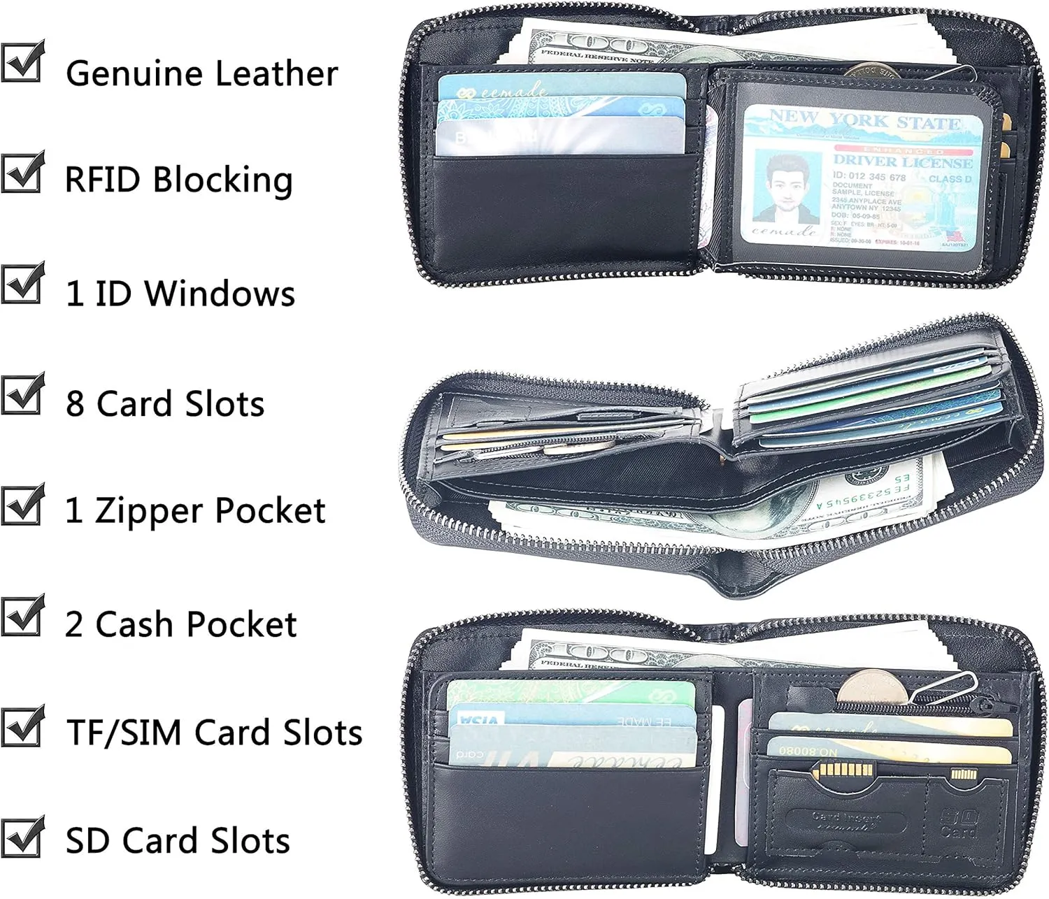 EE Men's Leather Zipper Wallet RFID Blocking Zip Around Wallet Bifold Multi Card Holder Purse black