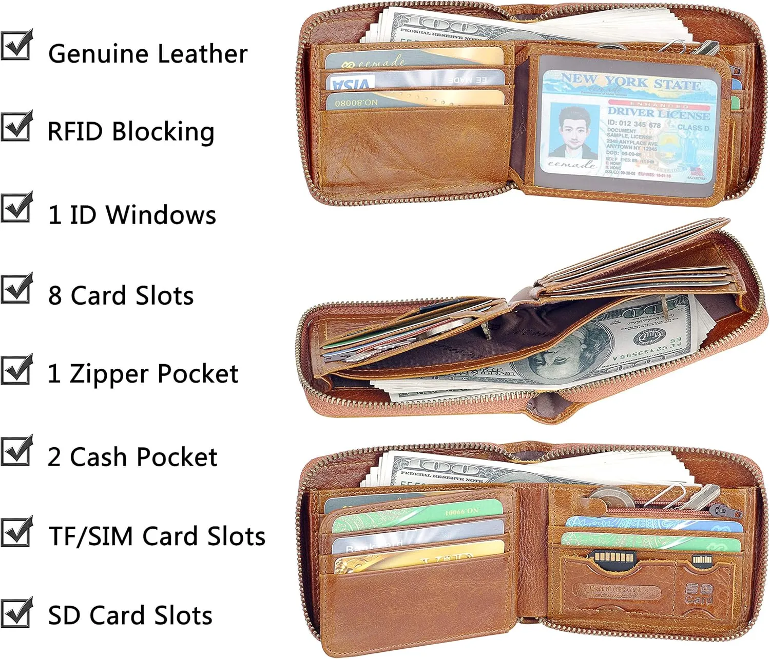 EE Men's Leather Zipper Wallet RFID Blocking Zip Around Wallet Bifold Multi Card Holder Purse (Dark khaki)