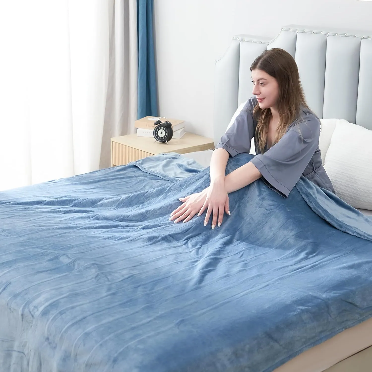 Electric Heated Blanket 62”x84” Twin Size, Soft Flannel with 6 Heating Settings 10 Hours Auto-Off, Fast-Heating, Machine Washable, Blue
