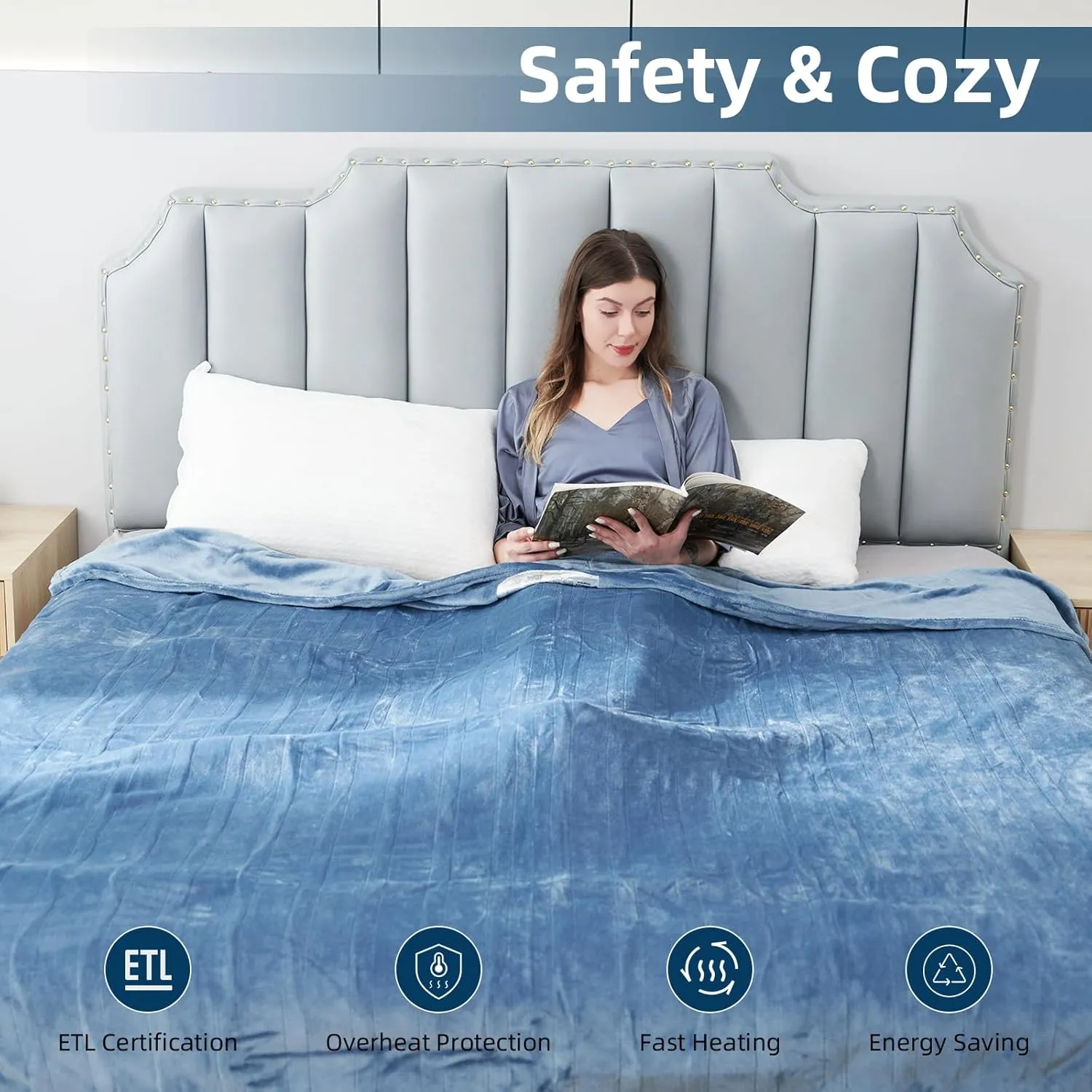 Electric Heated Blanket 62”x84” Twin Size, Soft Flannel with 6 Heating Settings 10 Hours Auto-Off, Fast-Heating, Machine Washable, Blue