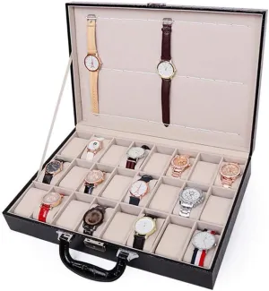 Elegant Large Watch Box Organizer for Men Women with 24 Slots, Transparent top, Portable Leather Watch Holder Mens Watches Case Storage Best Gift for The Husband, (Black,43 x 30 x 9cm)