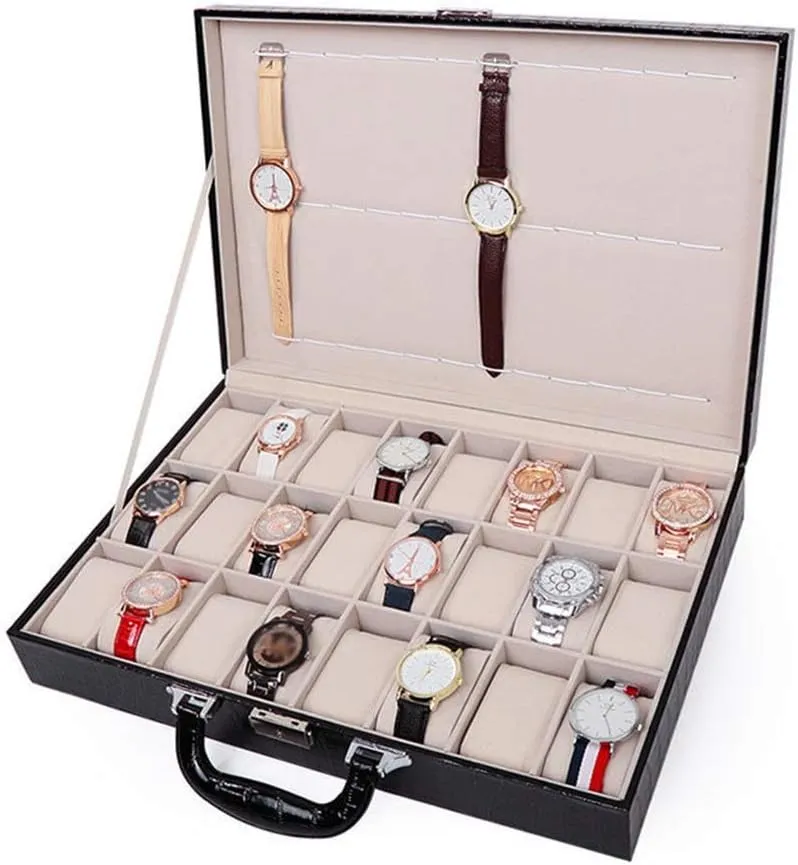 Elegant Large Watch Box Organizer for Men Women with 24 Slots, Transparent top, Portable Leather Watch Holder Mens Watches Case Storage Best Gift for The Husband, (Black,43 x 30 x 9cm)