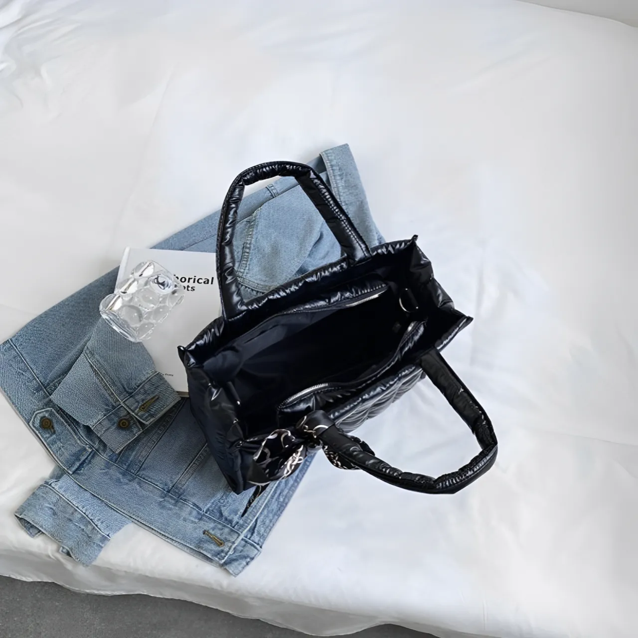 Elena | Quilted Nylon Crossbody Handbag with Silk Scarf Accent