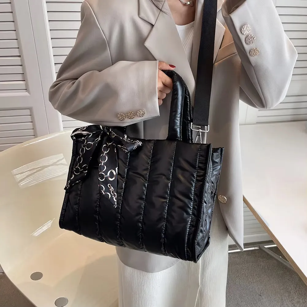 Elena | Quilted Nylon Crossbody Handbag with Silk Scarf Accent