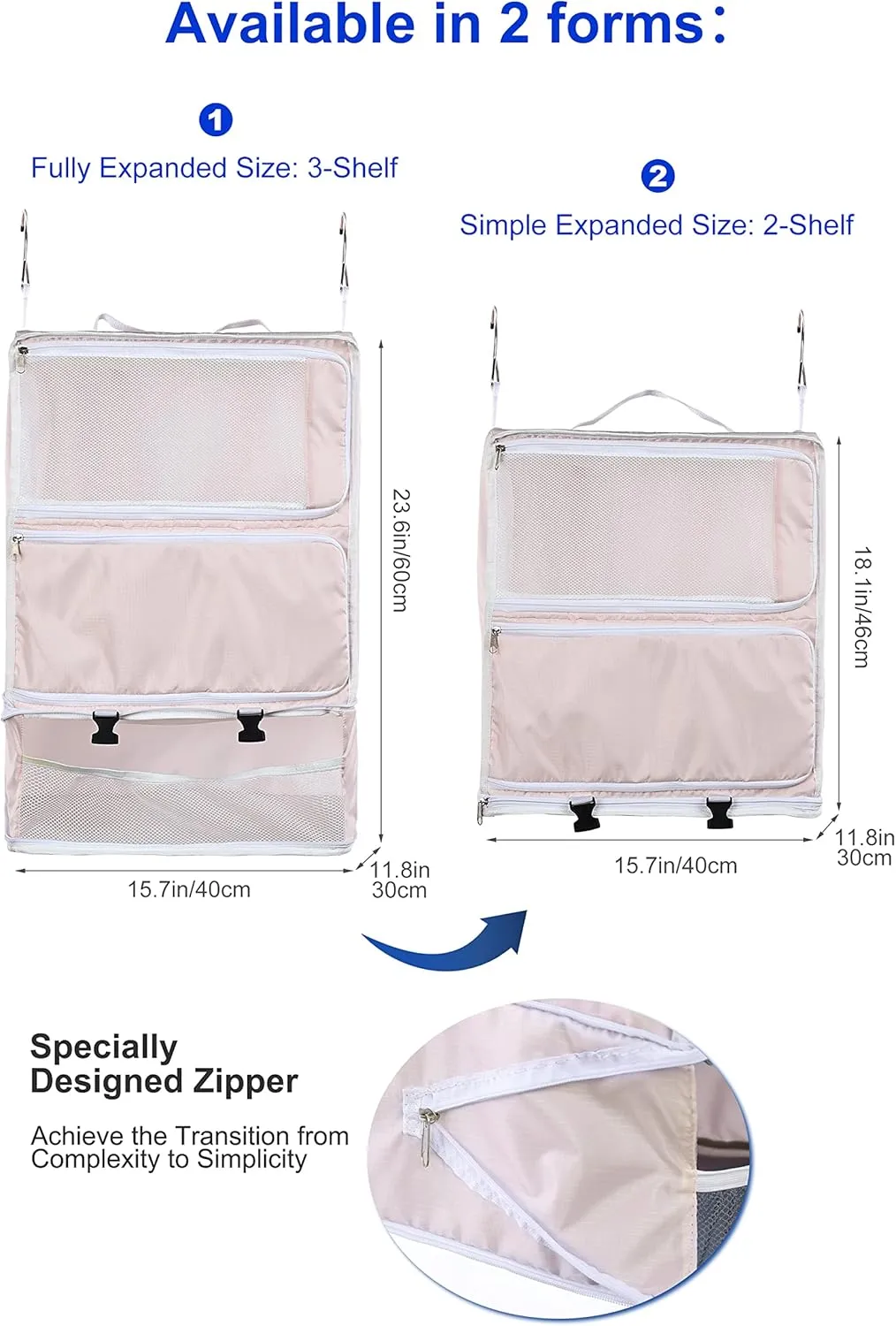 ELEZAY Hanging Packing Cubes Portable Closet 3-Shelf Travel Collapsible Compression Garment Organizer for Carry-on Luggage Suitcase Space Saver Bag XX-Large_No Side Pockets, Blush Pink