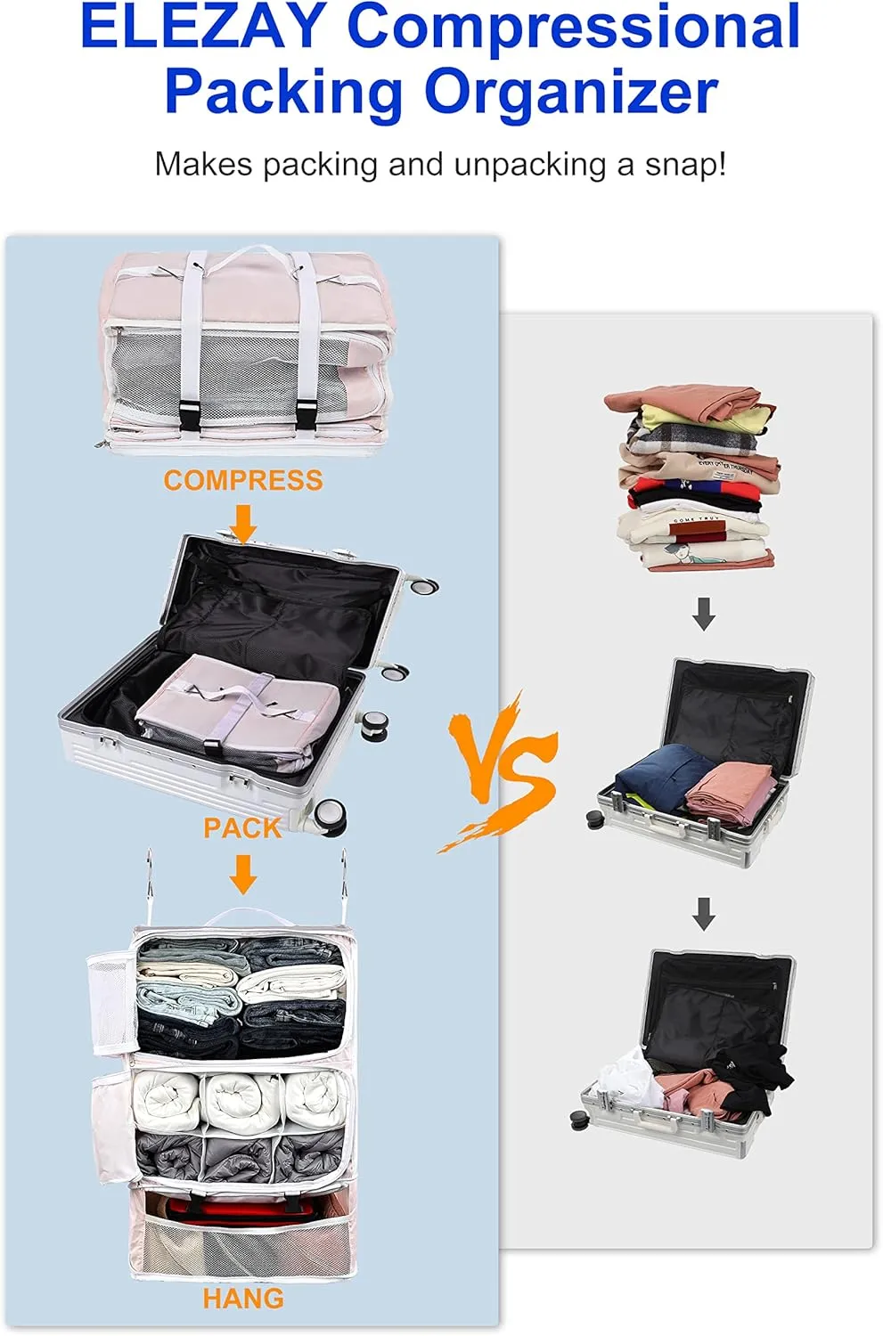 ELEZAY Hanging Packing Cubes Portable Closet 3-Shelf Travel Collapsible Compression Garment Organizer for Carry-on Luggage Suitcase Space Saver Bag XX-Large_No Side Pockets, Blush Pink