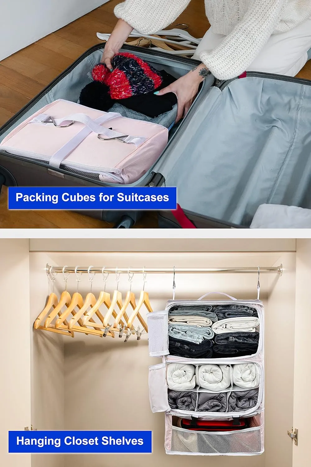 ELEZAY Hanging Packing Cubes Portable Closet 3-Shelf Travel Collapsible Compression Garment Organizer for Carry-on Luggage Suitcase Space Saver Bag XX-Large_No Side Pockets, Blush Pink