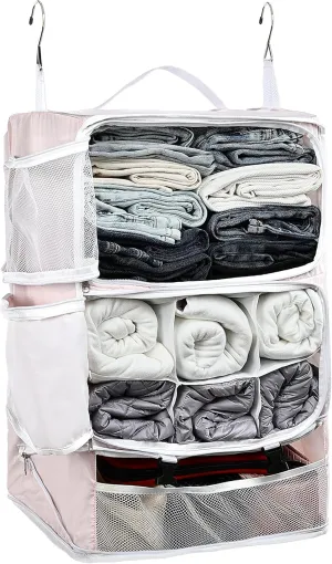 ELEZAY Hanging Packing Cubes Portable Closet 3-Shelf Travel Collapsible Compression Garment Organizer for Carry-on Luggage Suitcase Space Saver Bag XX-Large_No Side Pockets, Blush Pink