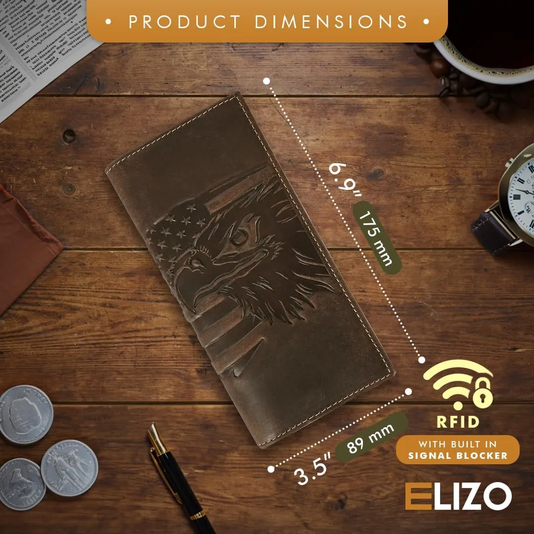 ELIZO Leather Long Wallet for Men Western Wallet Rodeo Mens Wallet Flat Bifold Wallets for Men Biker Billfold Wallet for Men Cowboy Wallet RFID Wallet for Men with Credit Card Holder