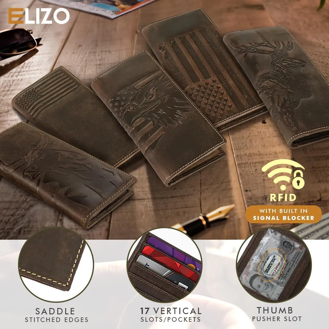 ELIZO Men's Genuine Leather Long Wallet - RFID Blocking Rodeo Checkbook Wallet | Slim Western Bifold Wallet with 16 Card Slots, ID Window | Top Grain Leather Cowboy Wallet