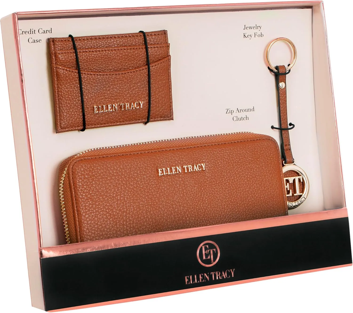 ELLEN TRACY Wallet, Key Fob, & ID Card Holder 3 Piece Gift Box Set (Cognac)