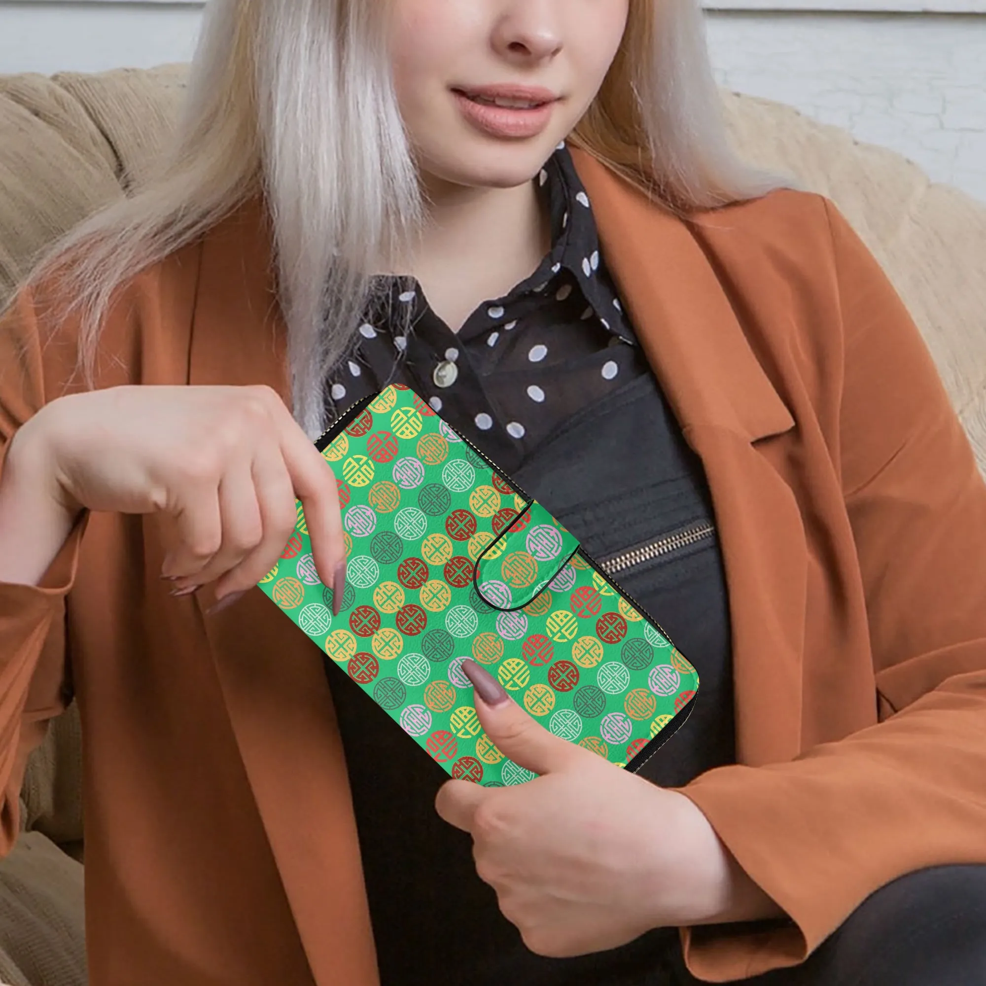 Emerald Green Fengshui Symbols Long Flap Wallet