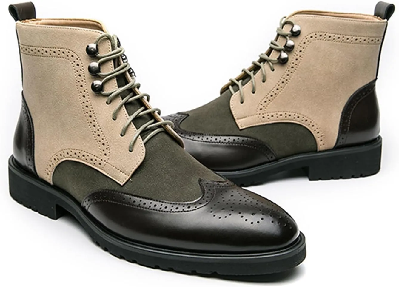 Ephirebra Men's Leather Brogue Wingtips Lace-Up Dress Oxford Boots Comfortable Non-Slip Pointed Toe High-Top Retro Ankle Boots