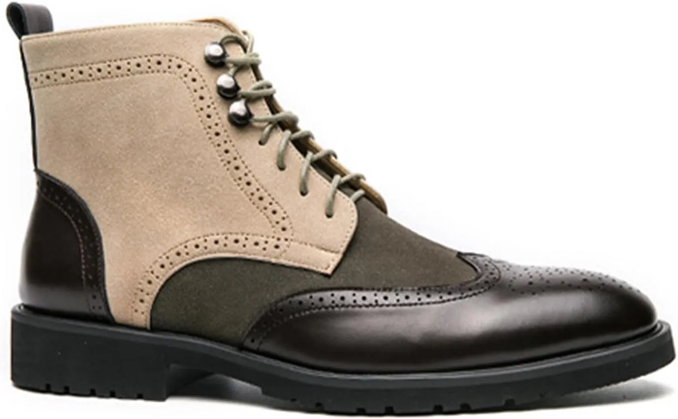 Ephirebra Men's Leather Brogue Wingtips Lace-Up Dress Oxford Boots Comfortable Non-Slip Pointed Toe High-Top Retro Ankle Boots