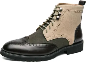 Ephirebra Men's Leather Brogue Wingtips Lace-Up Dress Oxford Boots Comfortable Non-Slip Pointed Toe High-Top Retro Ankle Boots