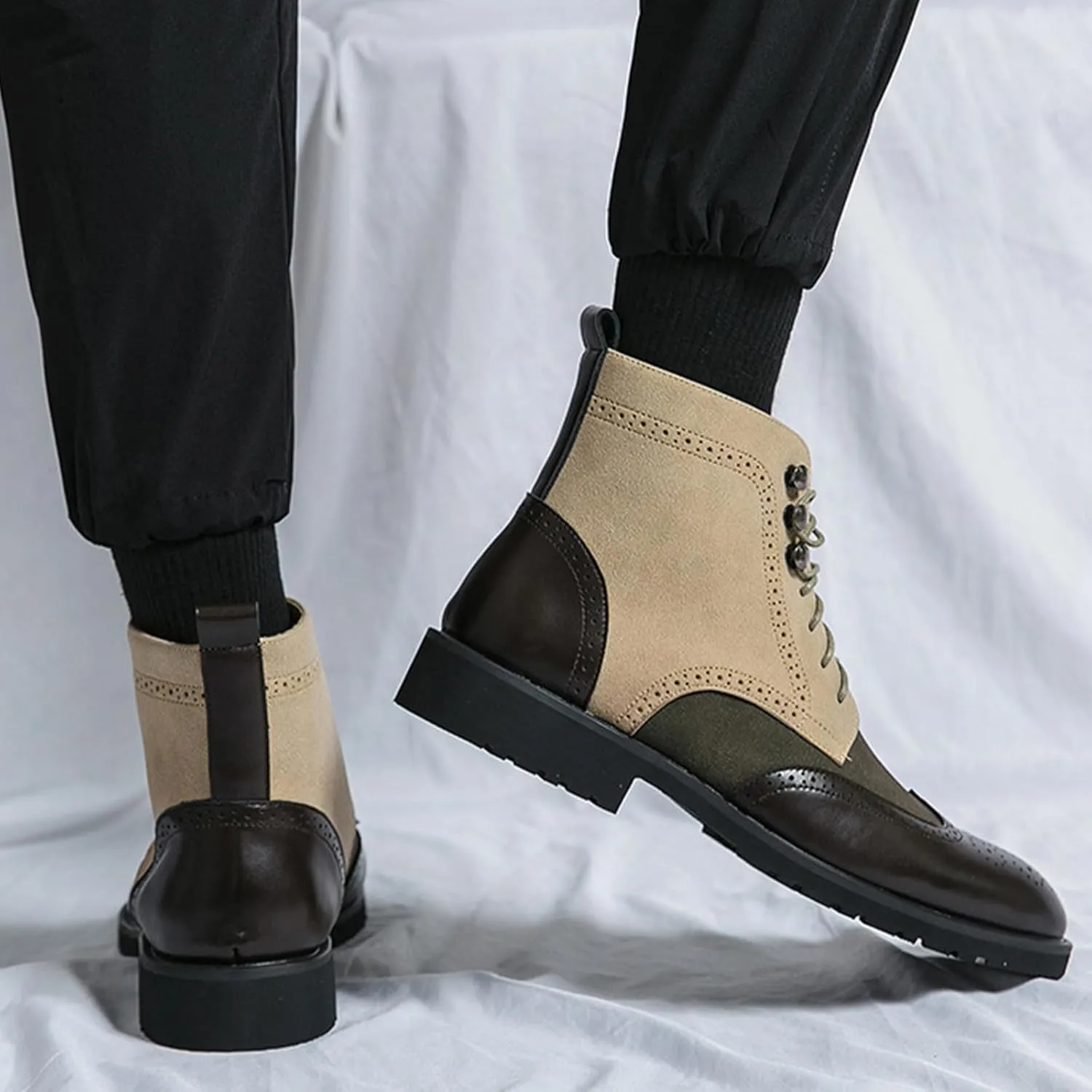 Ephirebra Men's Leather Brogue Wingtips Lace-Up Dress Oxford Boots Comfortable Non-Slip Pointed Toe High-Top Retro Ankle Boots