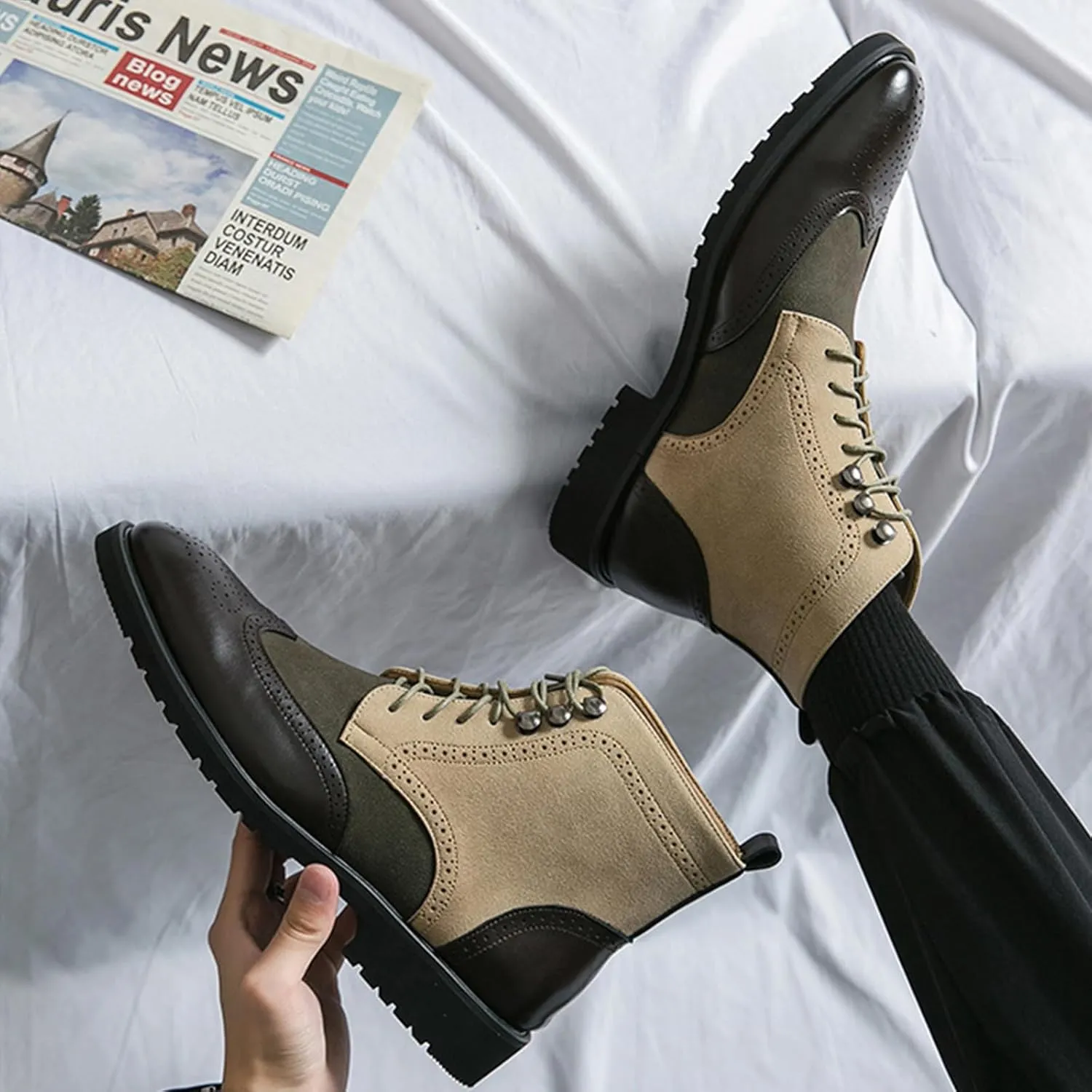 Ephirebra Men's Leather Brogue Wingtips Lace-Up Dress Oxford Boots Comfortable Non-Slip Pointed Toe High-Top Retro Ankle Boots