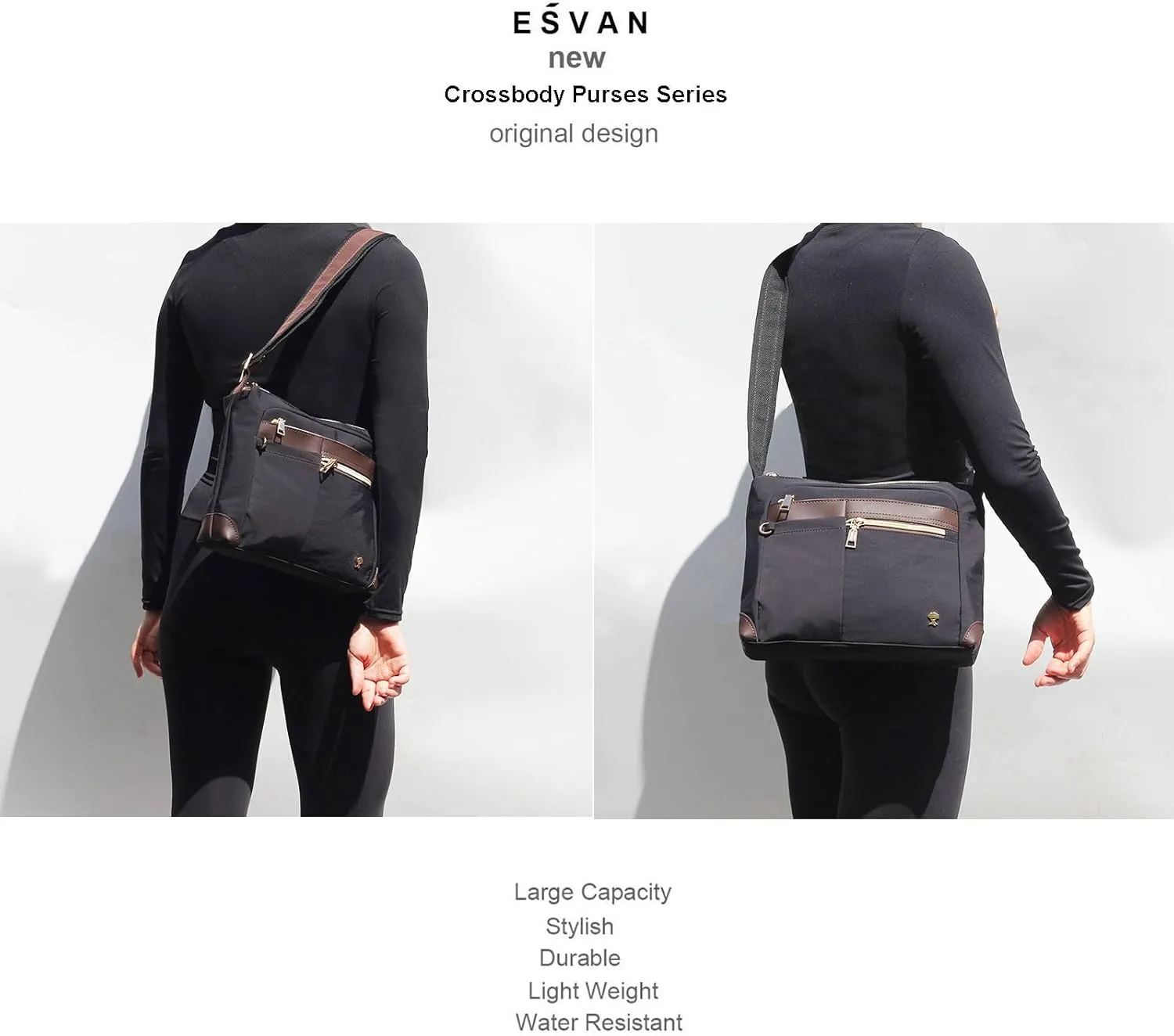 ESVAN Nylon Crossbody Bag For Women Waterproof Lightweight Casual Multi Pockets Shoulder Handbag Purse