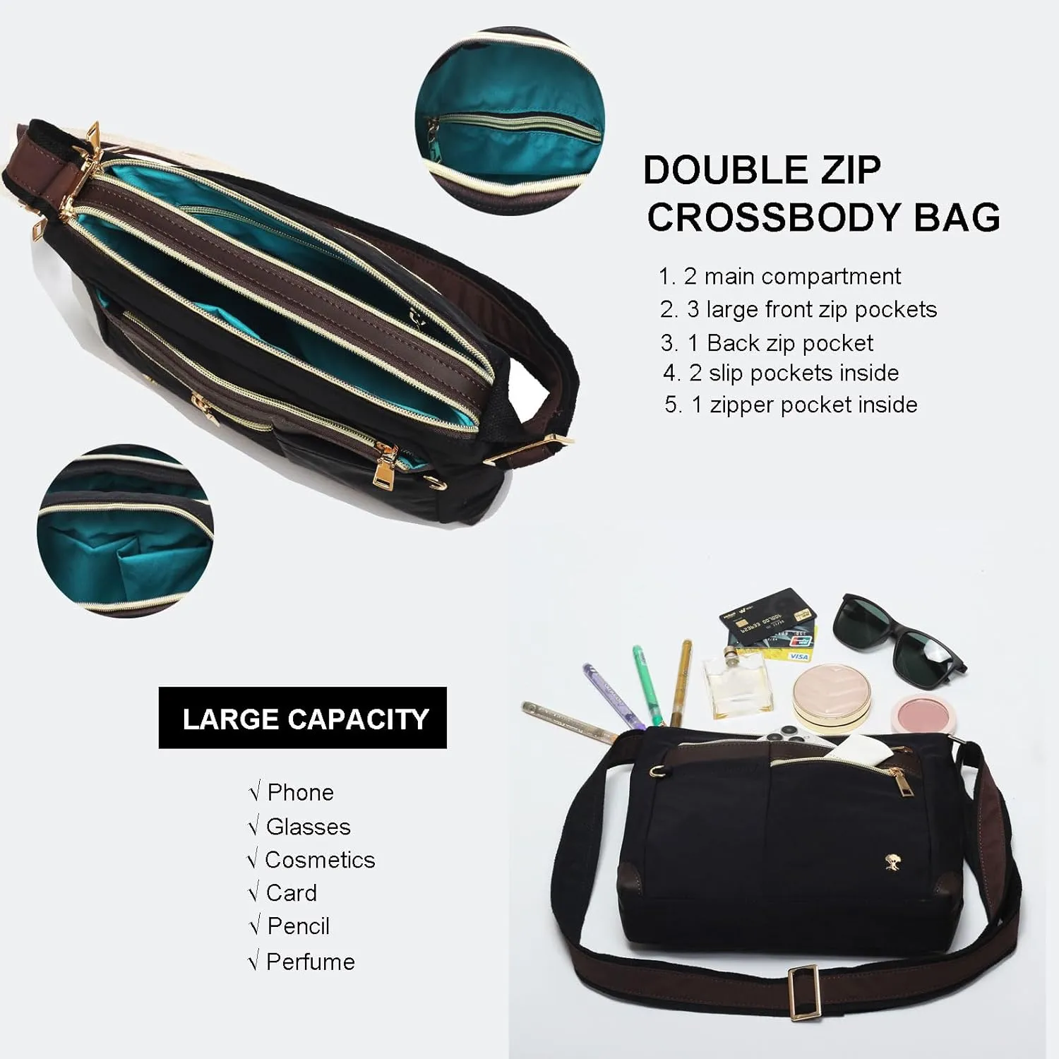ESVAN Nylon Crossbody Bag For Women Waterproof Lightweight Casual Multi Pockets Shoulder Handbag Purse