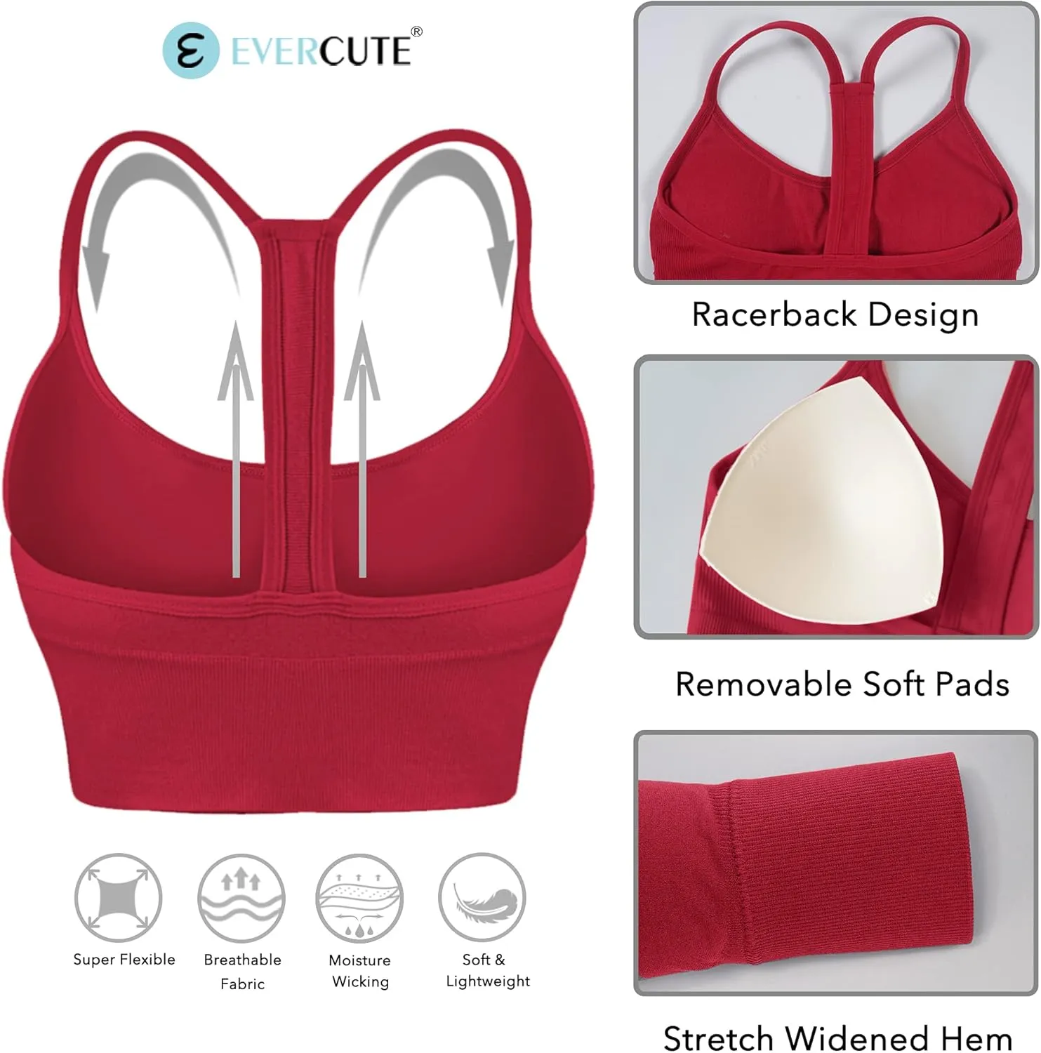 Evercute Racerback Sports Bras Padded Y Racer Back Cropped Bras for Yoga Workout Fitness Low Impact