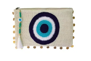 Evil Eye Handmade Clutch Ivory Handbag Blue Clutch Purse Eco Friendly Gift For Women Jute Handbags Sustainable Burlap Handheld Bag Casual Clutch Bag