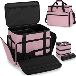 Extra Large Makeup Case with 4 Removable Pouches, Professional Make up Train Case,Travel Cosmetic Bag for Hairstylists Nail Tech Makeup Artist with Shoulder Strap and Handle (Pink)