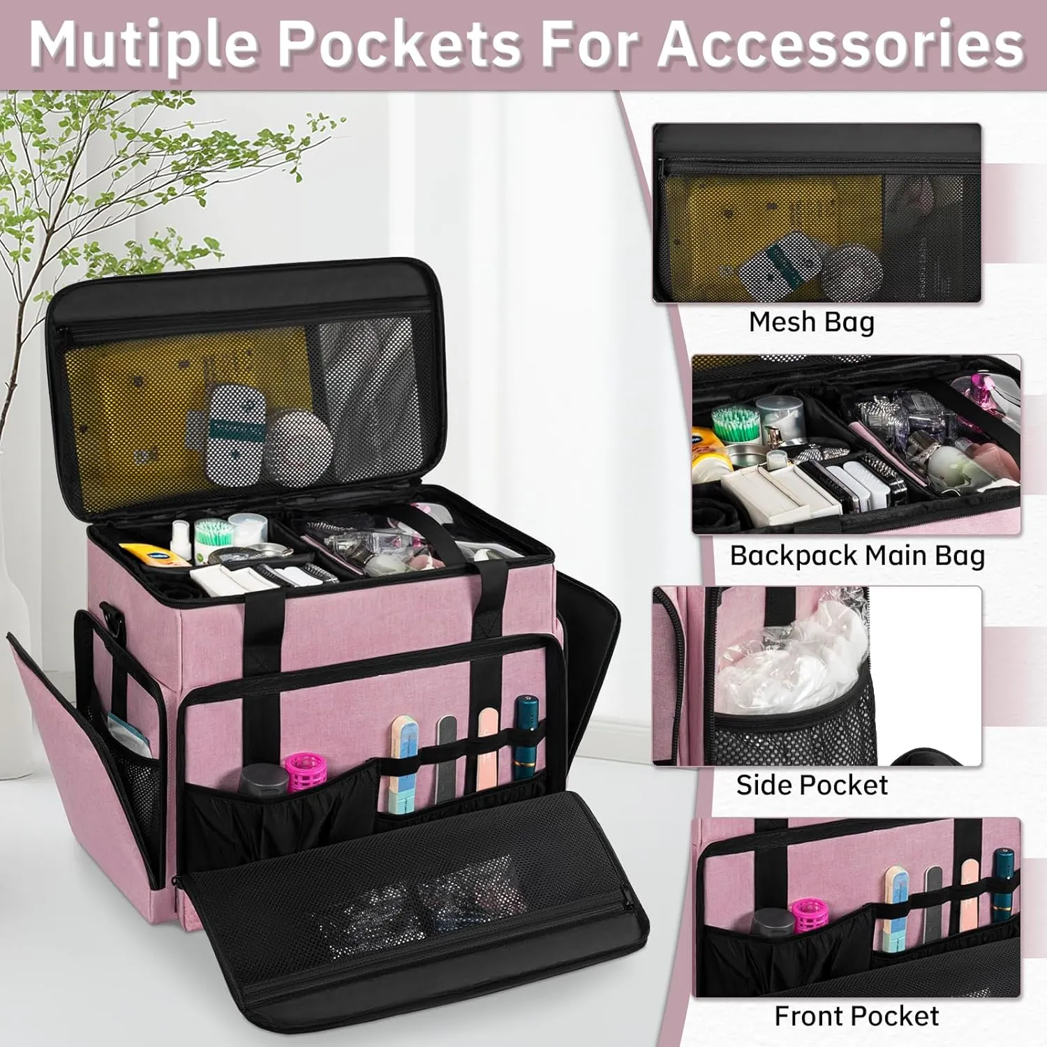 Extra Large Makeup Case with 4 Removable Pouches, Professional Make up Train Case,Travel Cosmetic Bag for Hairstylists Nail Tech Makeup Artist with Shoulder Strap and Handle (Pink)