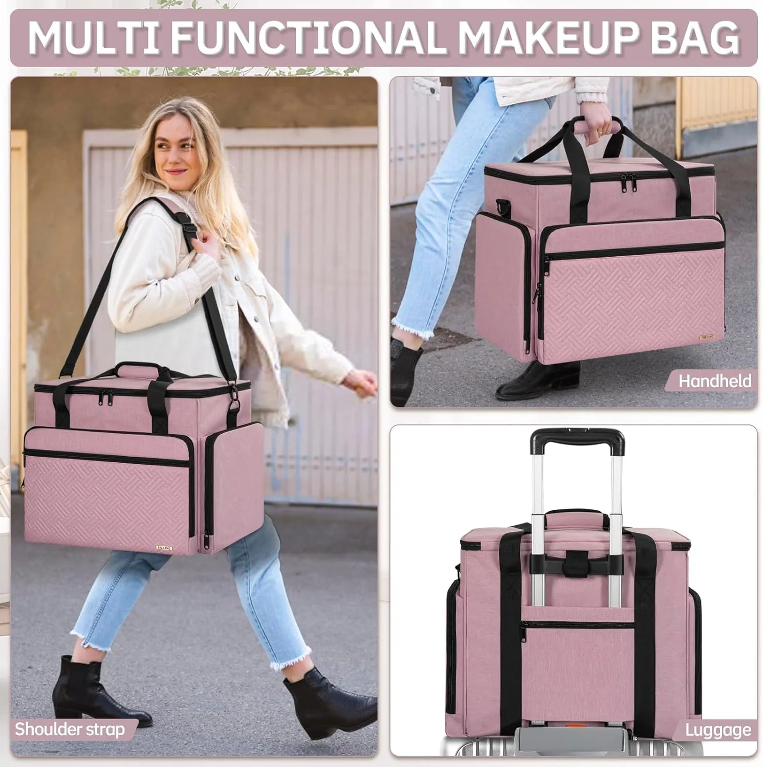 Extra Large Makeup Case with 4 Removable Pouches, Professional Make up Train Case,Travel Cosmetic Bag for Hairstylists Nail Tech Makeup Artist with Shoulder Strap and Handle (Pink)