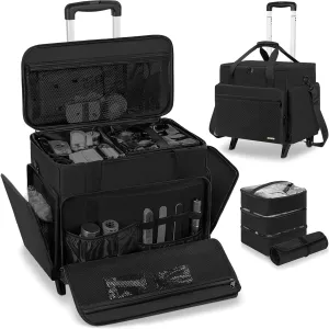 Extra Large Rolling Makeup Case with 4 Removable Pouches，Professional Make up Train Case with Wheels,Travel Cosmetic Bag for Hairstylists Nail Tech Makeup Artist with Detachable Trolley