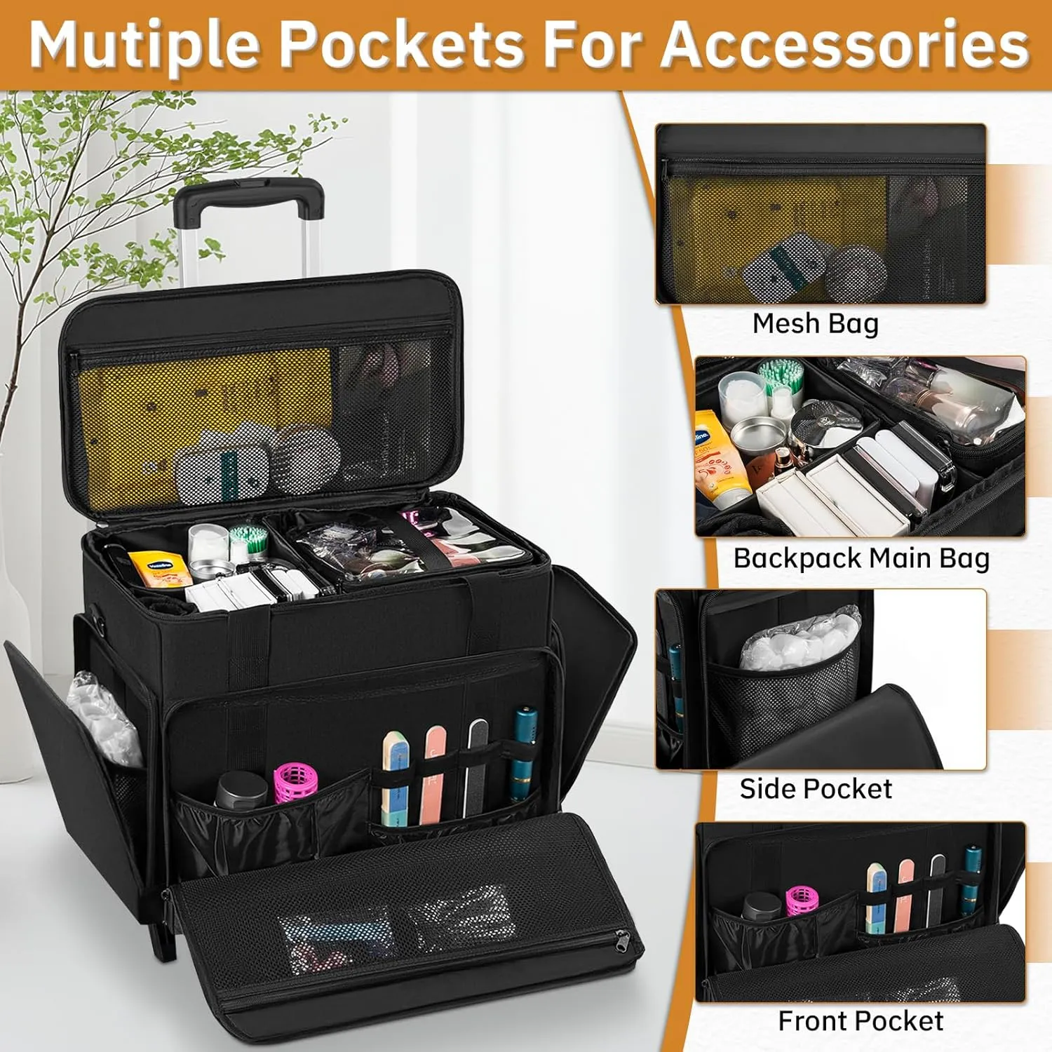 Extra Large Rolling Makeup Case with 4 Removable Pouches，Professional Make up Train Case with Wheels,Travel Cosmetic Bag for Hairstylists Nail Tech Makeup Artist with Detachable Trolley