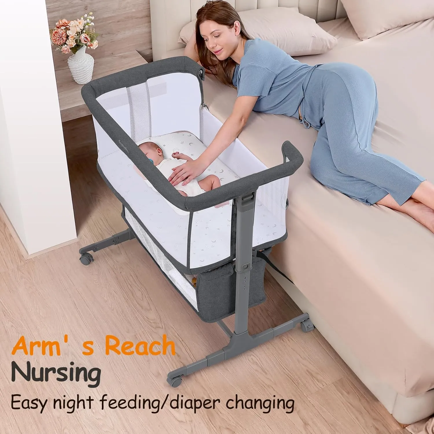 Ezebaby Bedside Bassinet for Baby, Portable Baby Bassinet Bedside Sleeper for Newborn Infants with Wheels Storage Basket, Adjustable 7 Heights and All Mesh Sides