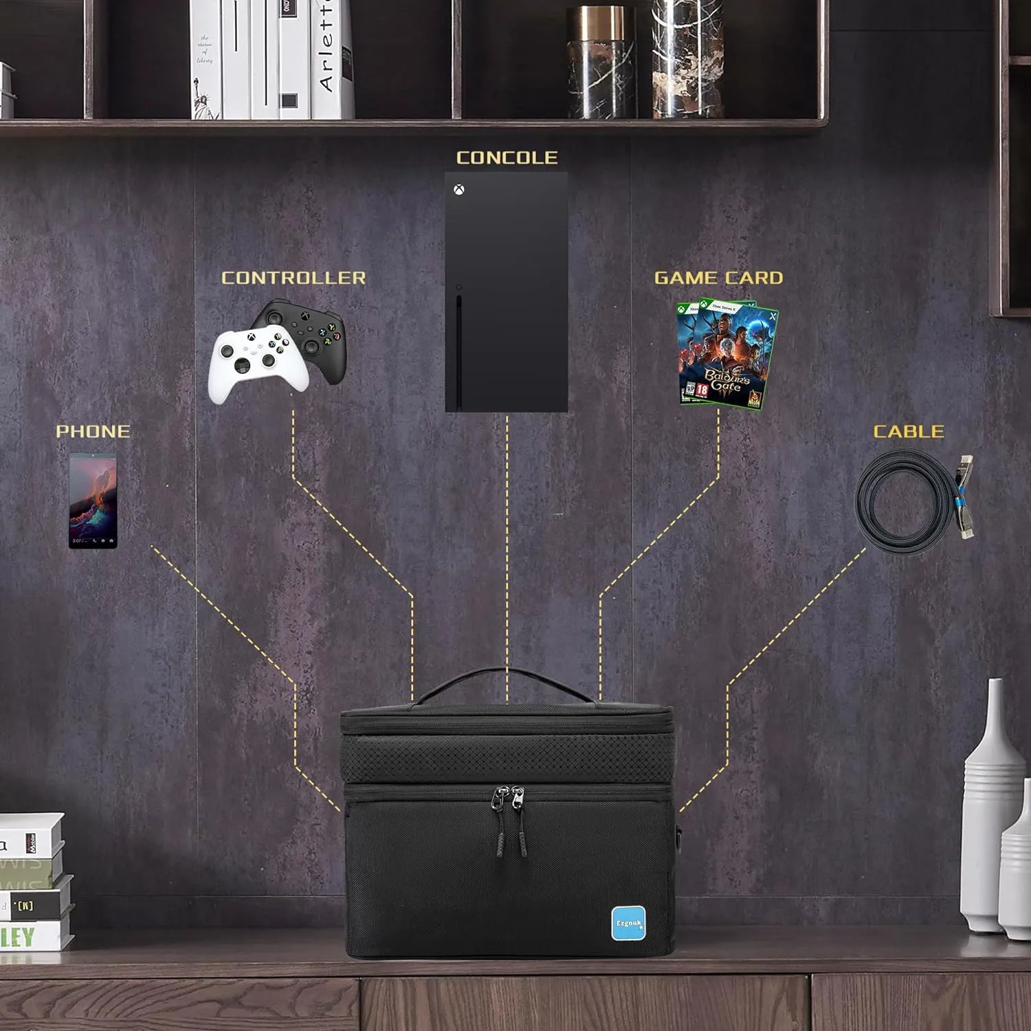 Ezgnuk Game Console Carrying Case Compatible with Xbox Series X, Portable Travel Storage Bag Comes with Protective, Enough Space for Storing Game Controllers, Cables, and Other Accessories.(Black)