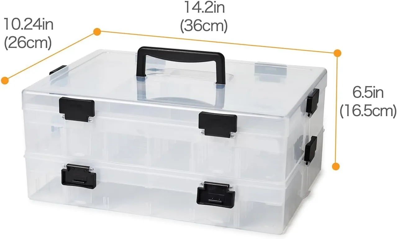EZOWare 2-Tier Art Craft Storage Organizer Box with 118 Grid Compartments & Handle, Stackable Clear Plastic Adjustable Divider Container Bin for Jewelry, Building Block, Fishing, Sewing Supplies