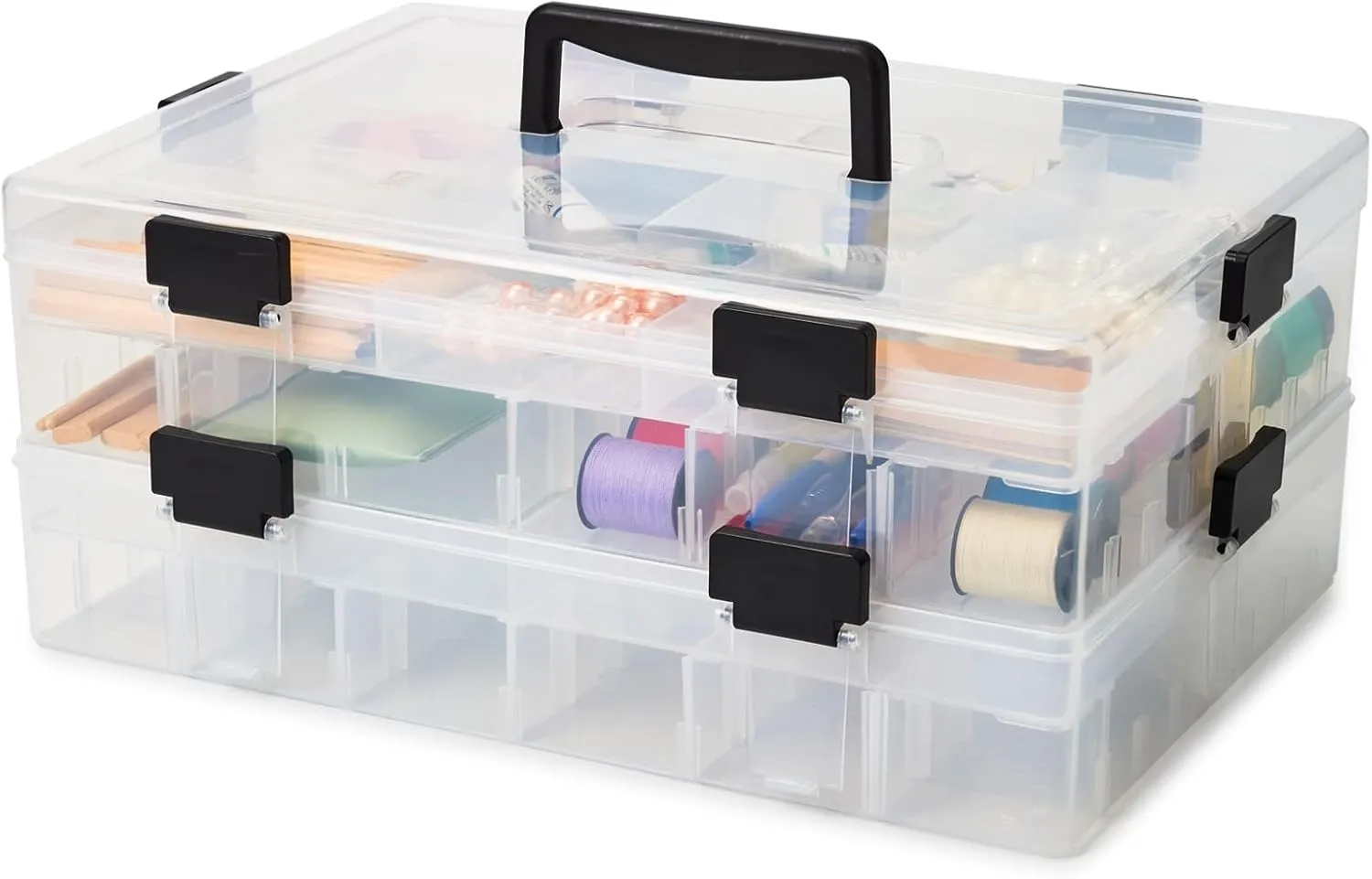 EZOWare 2-Tier Art Craft Storage Organizer Box with 118 Grid Compartments & Handle, Stackable Clear Plastic Adjustable Divider Container Bin for Jewelry, Building Block, Fishing, Sewing Supplies
