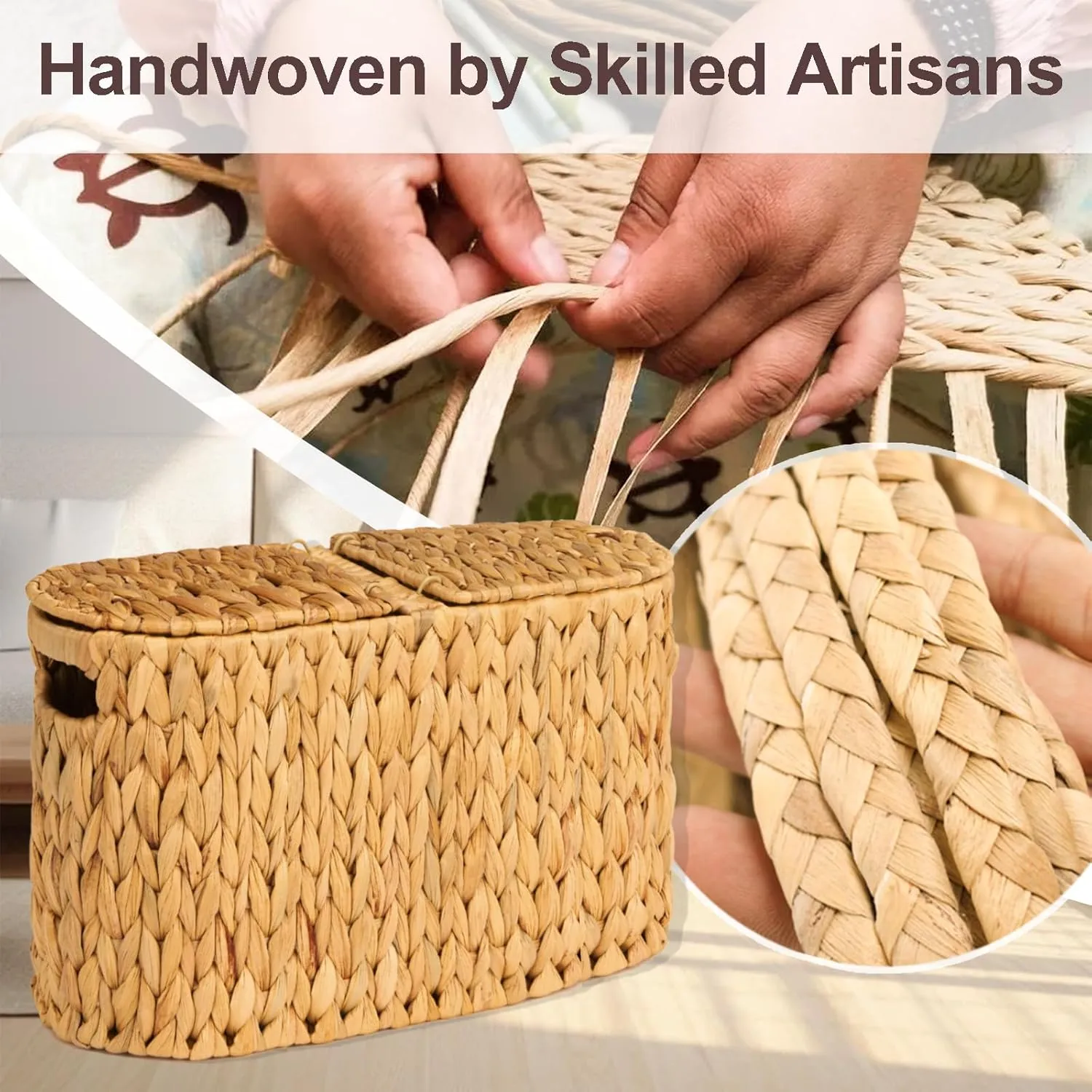 FairyHaus Wicker Toilet Paper Storage Basket with Lid & Handles, 6 Rolls Handwoven Toilet Paper Holder with Storage, Natural Water Hyacinth Toilet Paper Holder Stand Basket for Bathroom