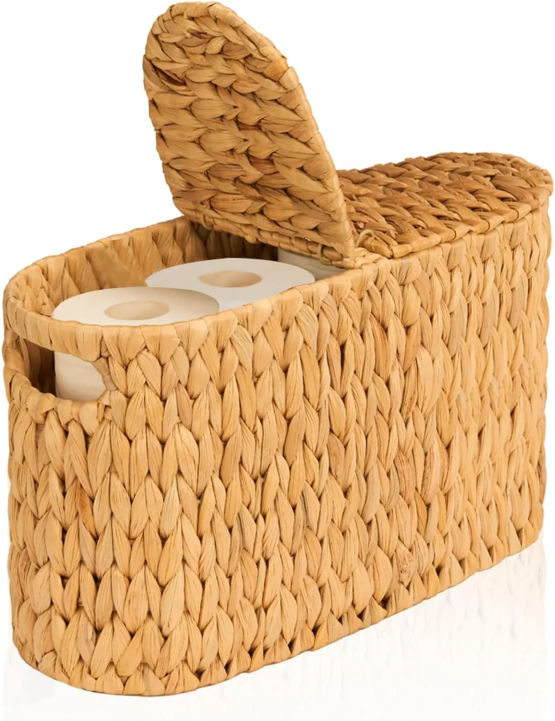 FairyHaus Wicker Toilet Paper Storage Basket with Lid & Handles, 6 Rolls Handwoven Toilet Paper Holder with Storage, Natural Water Hyacinth Toilet Paper Holder Stand Basket for Bathroom