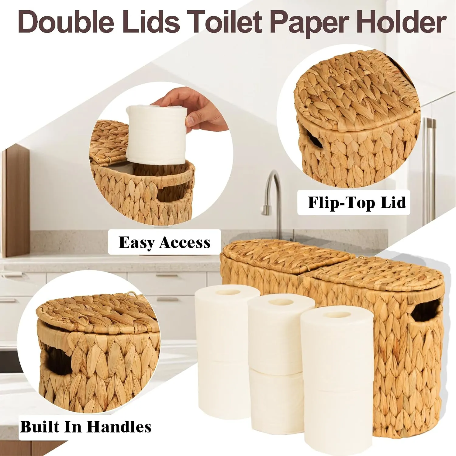 FairyHaus Wicker Toilet Paper Storage Basket with Lid & Handles, 6 Rolls Handwoven Toilet Paper Holder with Storage, Natural Water Hyacinth Toilet Paper Holder Stand Basket for Bathroom