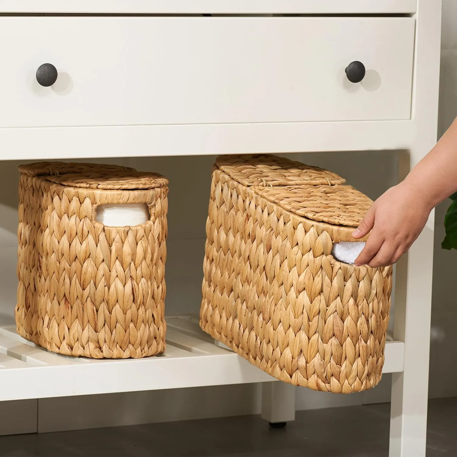FairyHaus Wicker Toilet Paper Storage Basket with Lid & Handles, 6 Rolls Handwoven Toilet Paper Holder with Storage, Natural Water Hyacinth Toilet Paper Holder Stand Basket for Bathroom