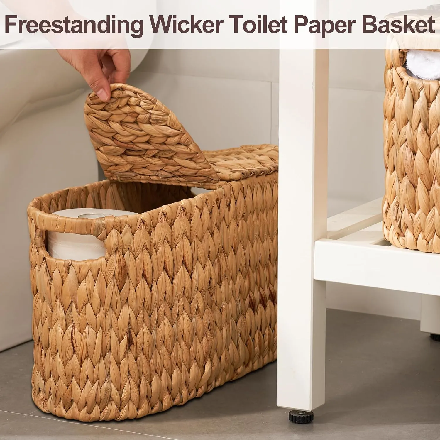 FairyHaus Wicker Toilet Paper Storage Basket with Lid & Handles, 6 Rolls Handwoven Toilet Paper Holder with Storage, Natural Water Hyacinth Toilet Paper Holder Stand Basket for Bathroom